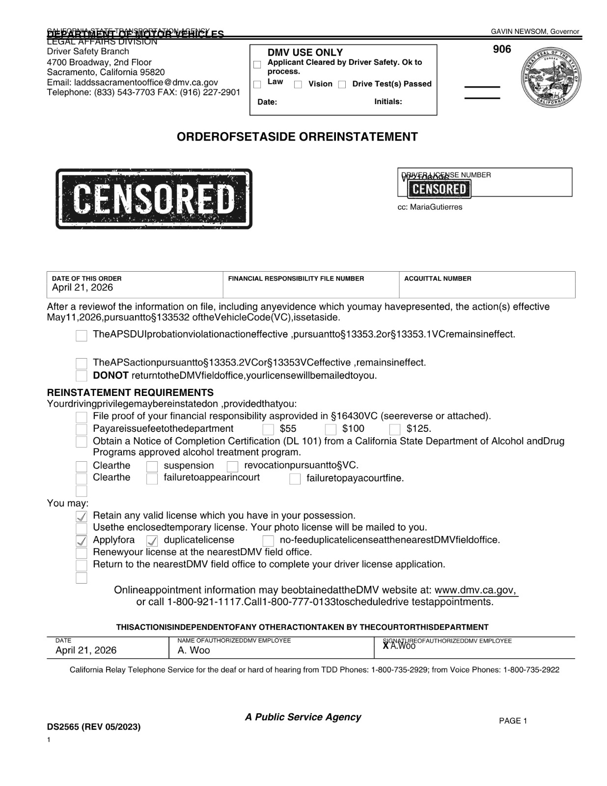 DMV Set Aside Order