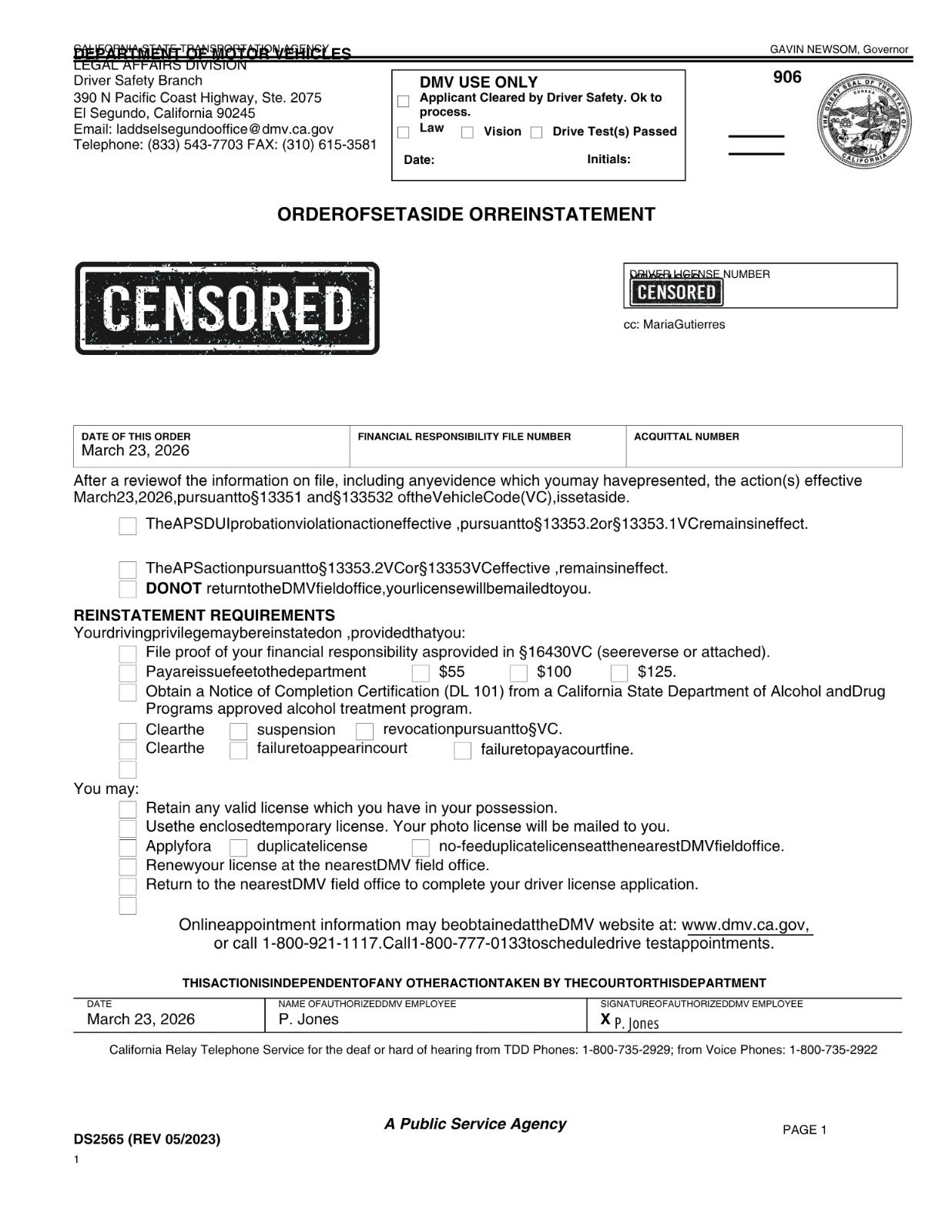 DMV Set Aside Order